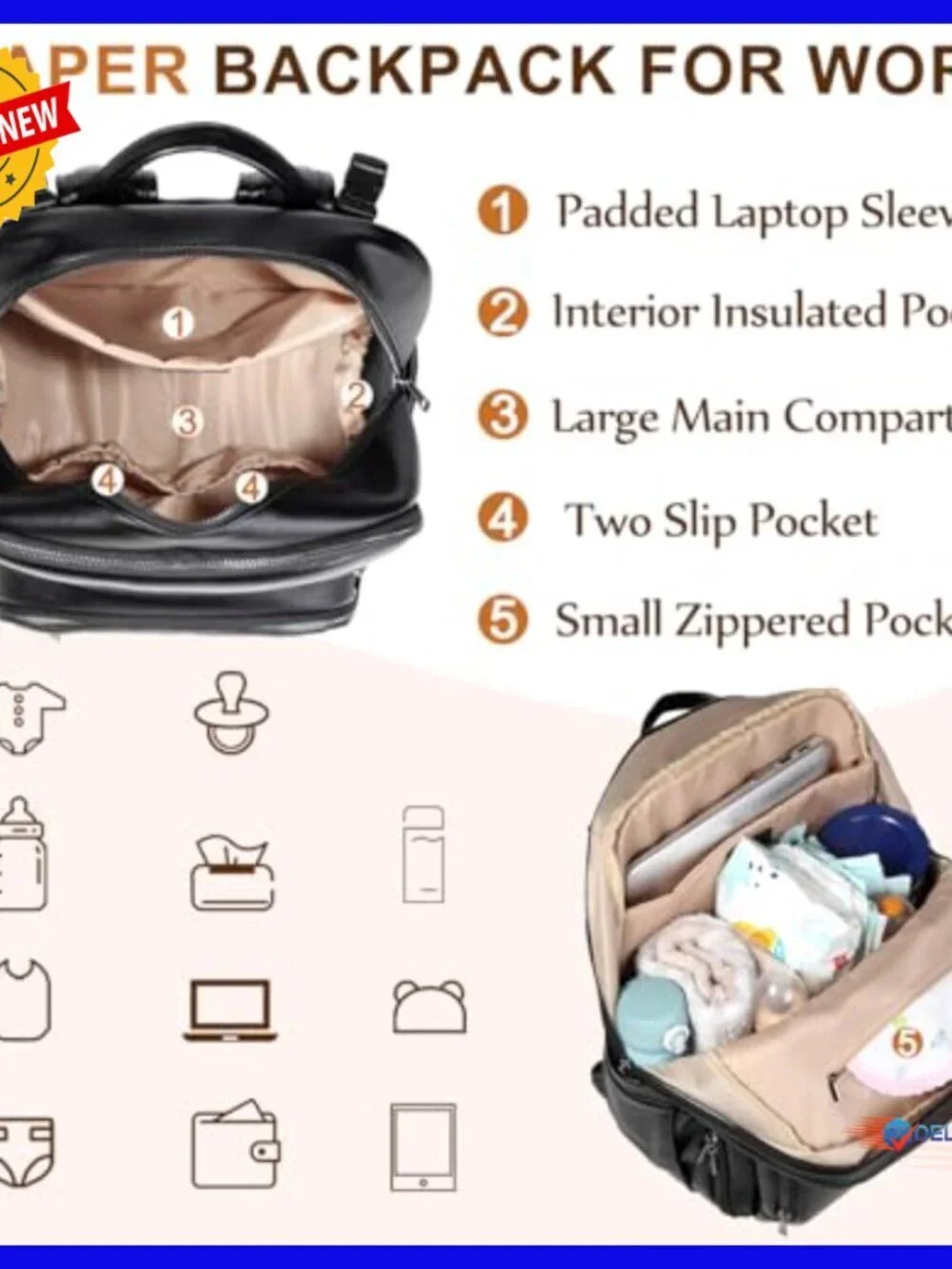 Large Vegan Leather Diaper Backpack with Changing Pad, Laptop Sleeve, Insulated